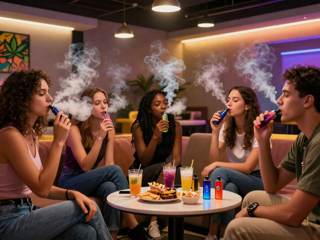 Friends enjoying Hitz infinity Gen 7 vapes in a stylish lounge
