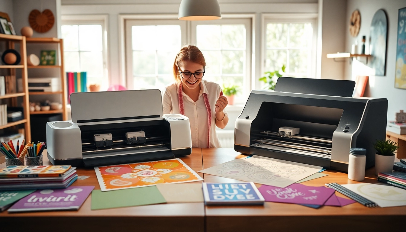 Side-by-side view of silhouette vs cricut machines in a vibrant craft room, showcasing differences and features.