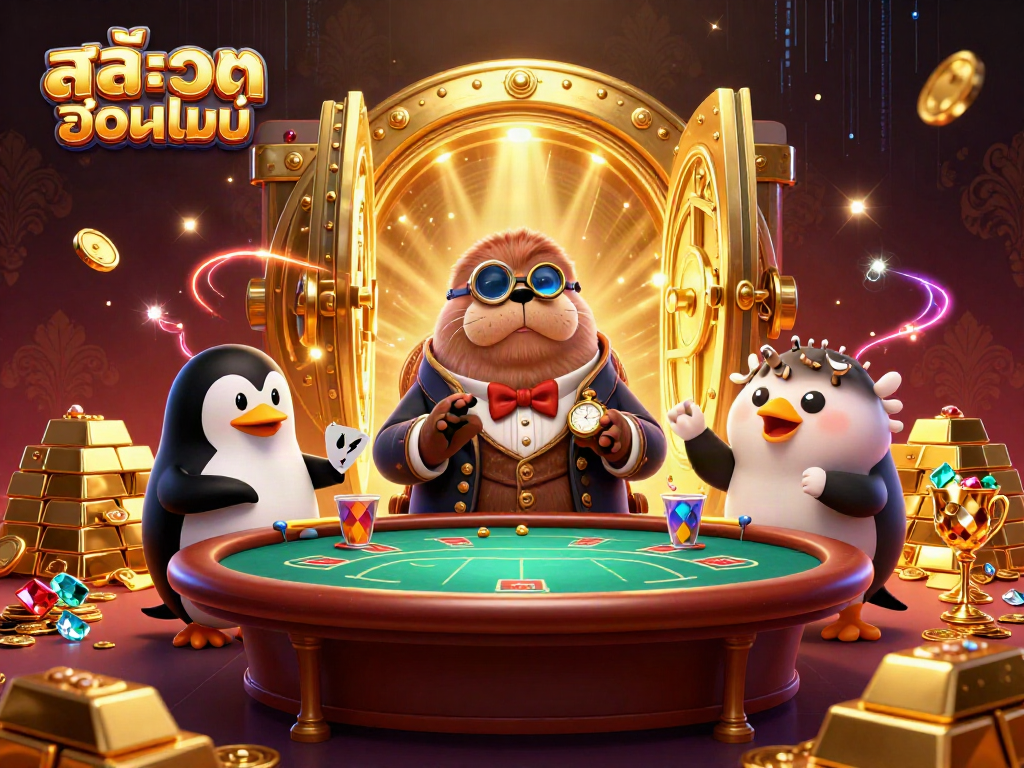 Experience thrilling สล็อตออนไลน์ action with a jolly walrus, sophisticated penguin dealer, and pufferfish player in a vibrant casino scene.