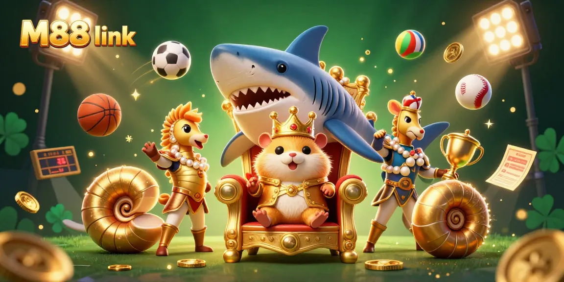 Engage with the M88 link through a vibrant illustration of a golden hamster king on a megalodon throne surrounded by dynamic gambling elements.