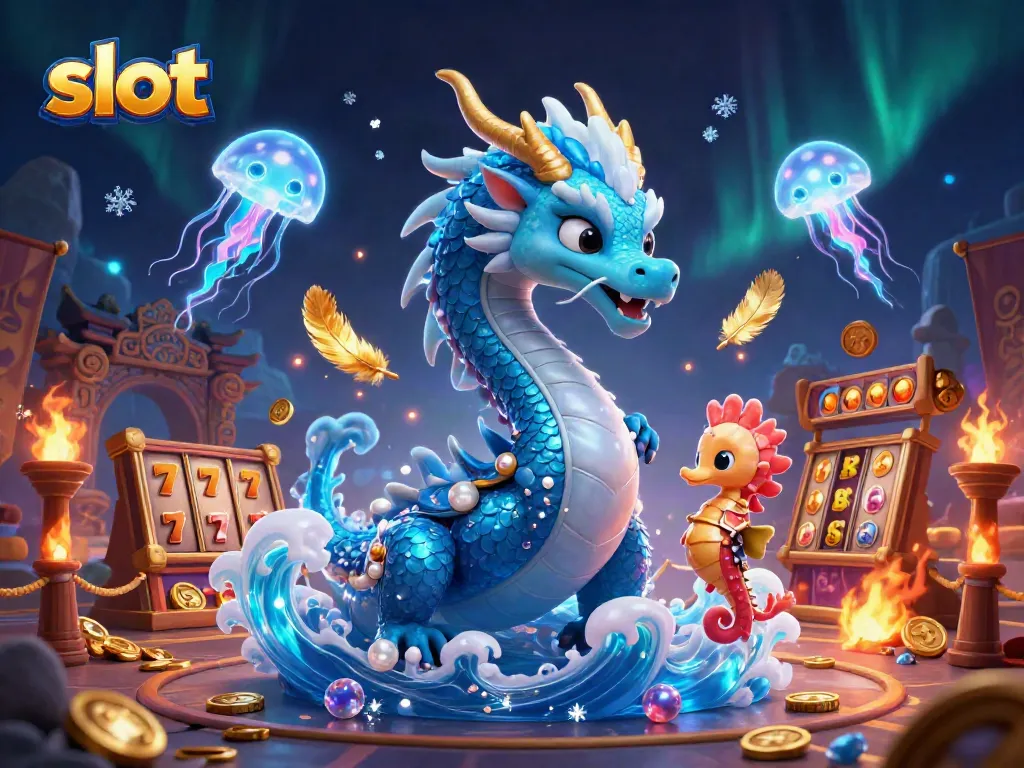 Slot menghasilkan jackpot dengan karakter naga dan kuda laut dalam ilustrasi kasino 3D.