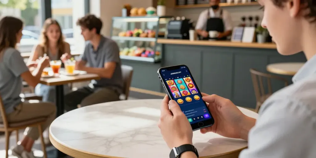 Pengguna smartphone dengan aplikasi JAWARASLOT di kafe modern, menunjukkan suasana ceria.
