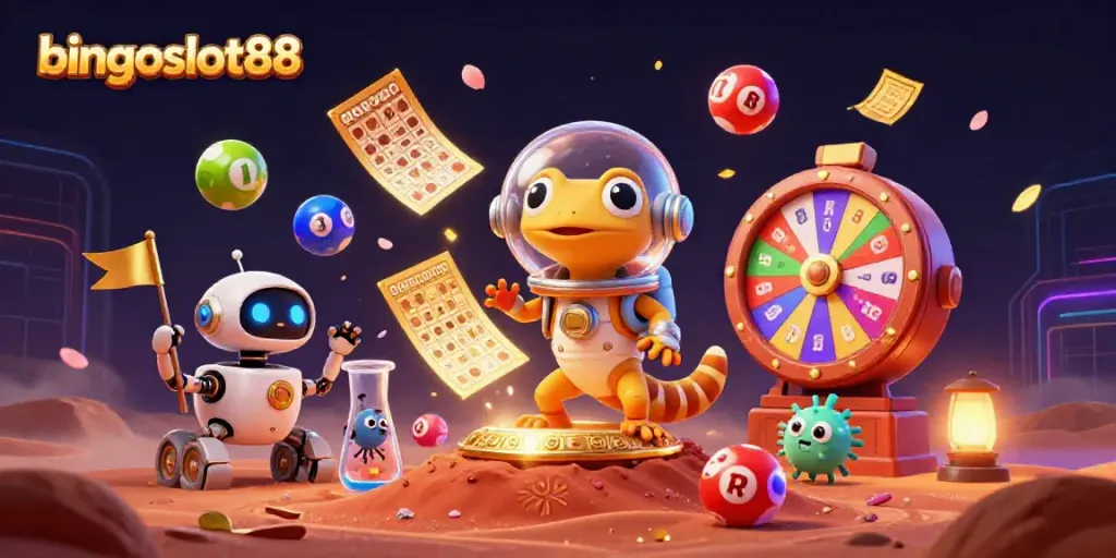 Gambarkan suasana bingoslot88 dengan Martian gecko beruang jackpot di kasino emas di Mars.