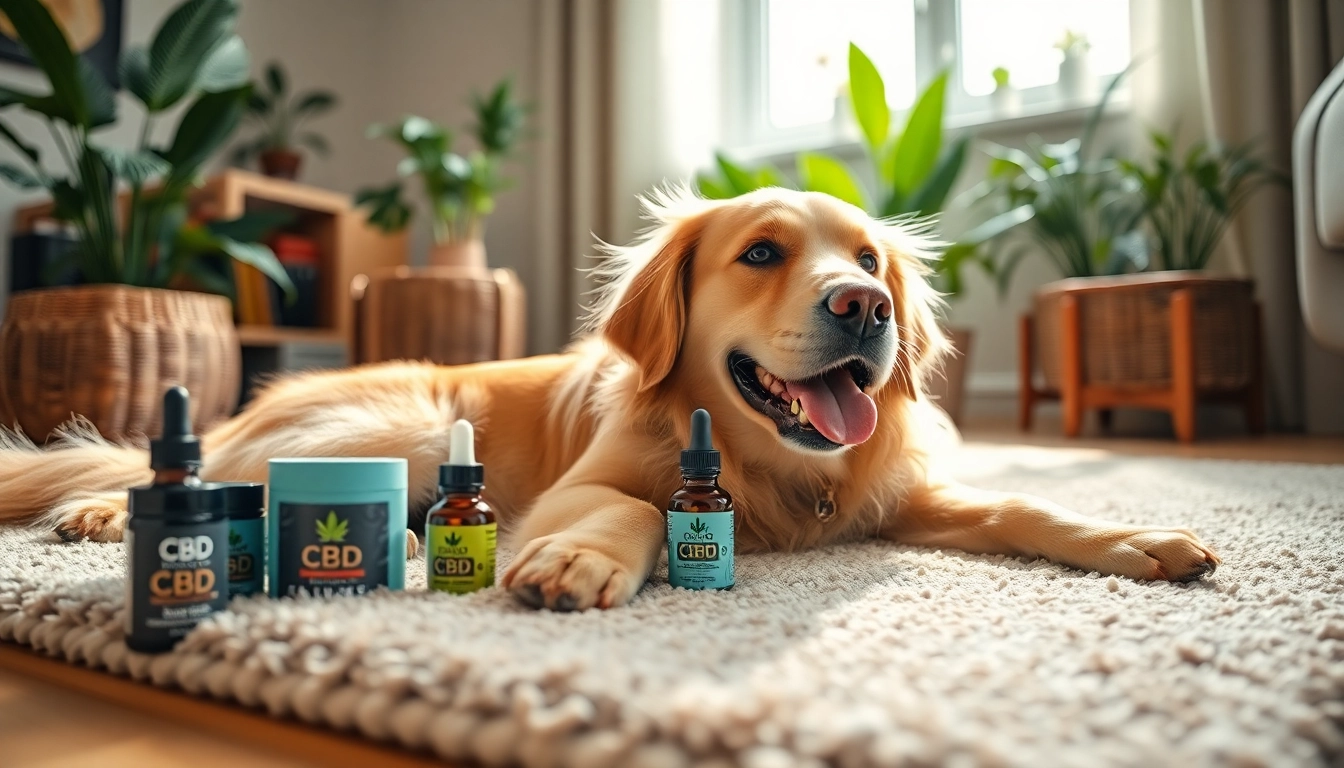 Relaxed dog using CBD For Pet products in a cozy living room setting.