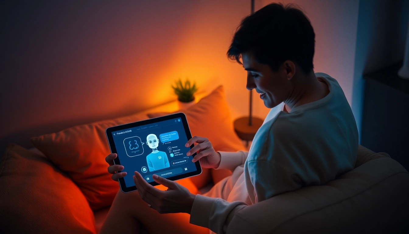 Engaging in ai chat sex with a friendly AI chatbot in a cozy room setting.