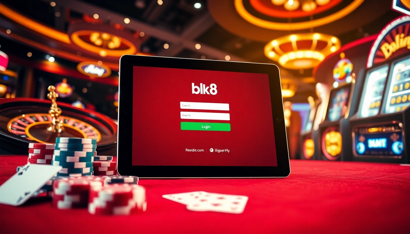 Engage with the bk8 login interface amidst a vibrant casino setup filled with poker chips and cards.