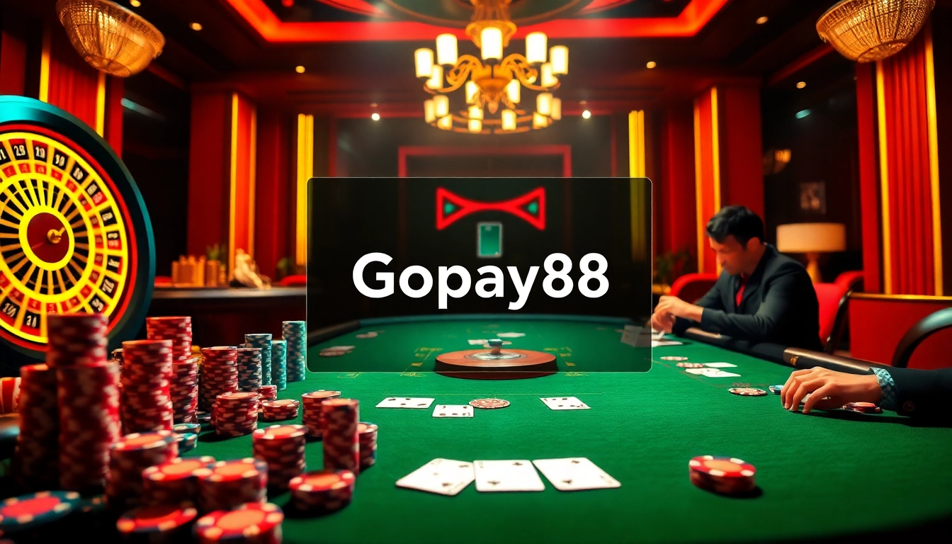 Experience intense gameplay at Gopay88 with vibrant poker chips and a roulette wheel.