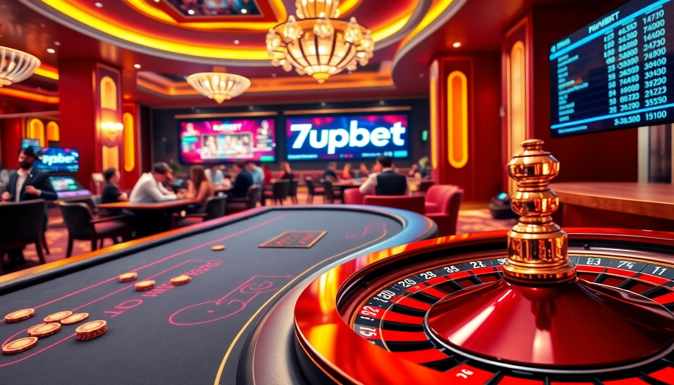 Gambling experience with 7upbet featuring poker chips and a roulette wheel in a luxurious casino setting.