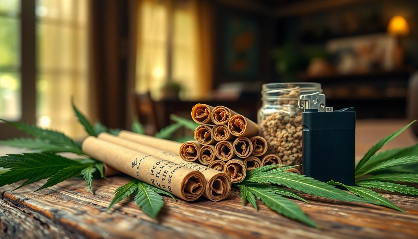 Enjoying delta 8 prerolls on a rustic table with hemp leaves and a lighter.