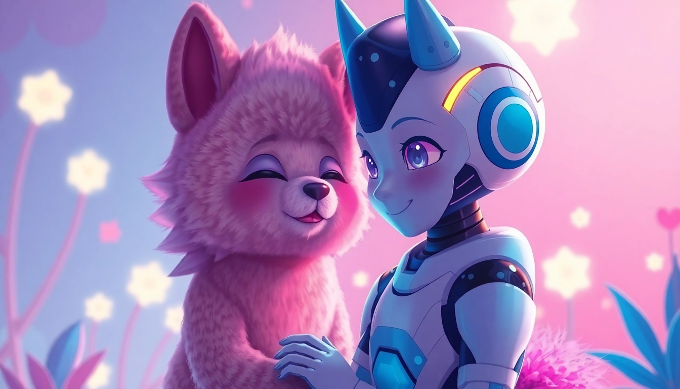 Engaging roleplay scene with character ai nsfw featuring affectionate AI characters in a whimsical setting.