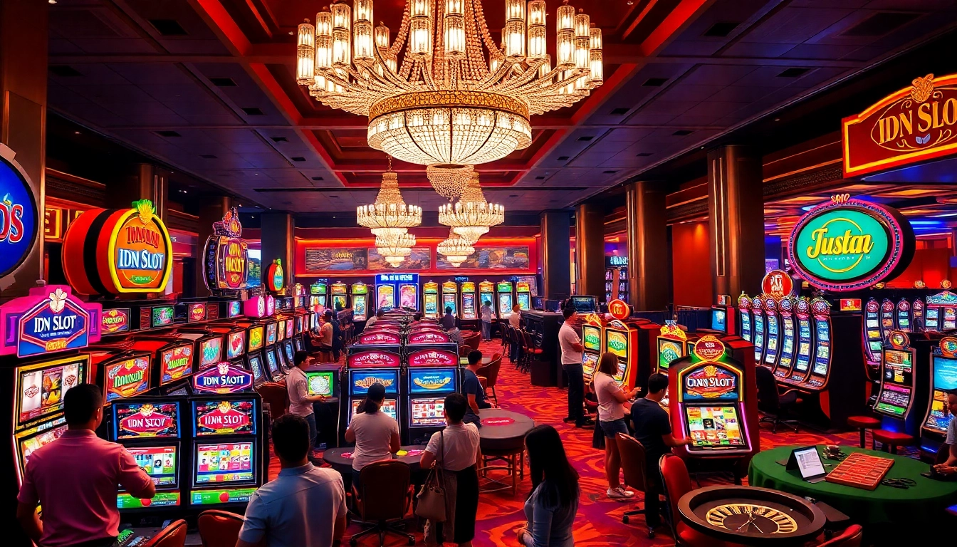 Engaged players enjoying idn slot gaming with vibrant machines in a luxurious casino.