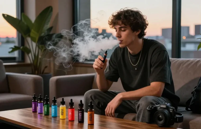 Stylish individual enjoying THC vape in urban lounge with colorful e-liquids.